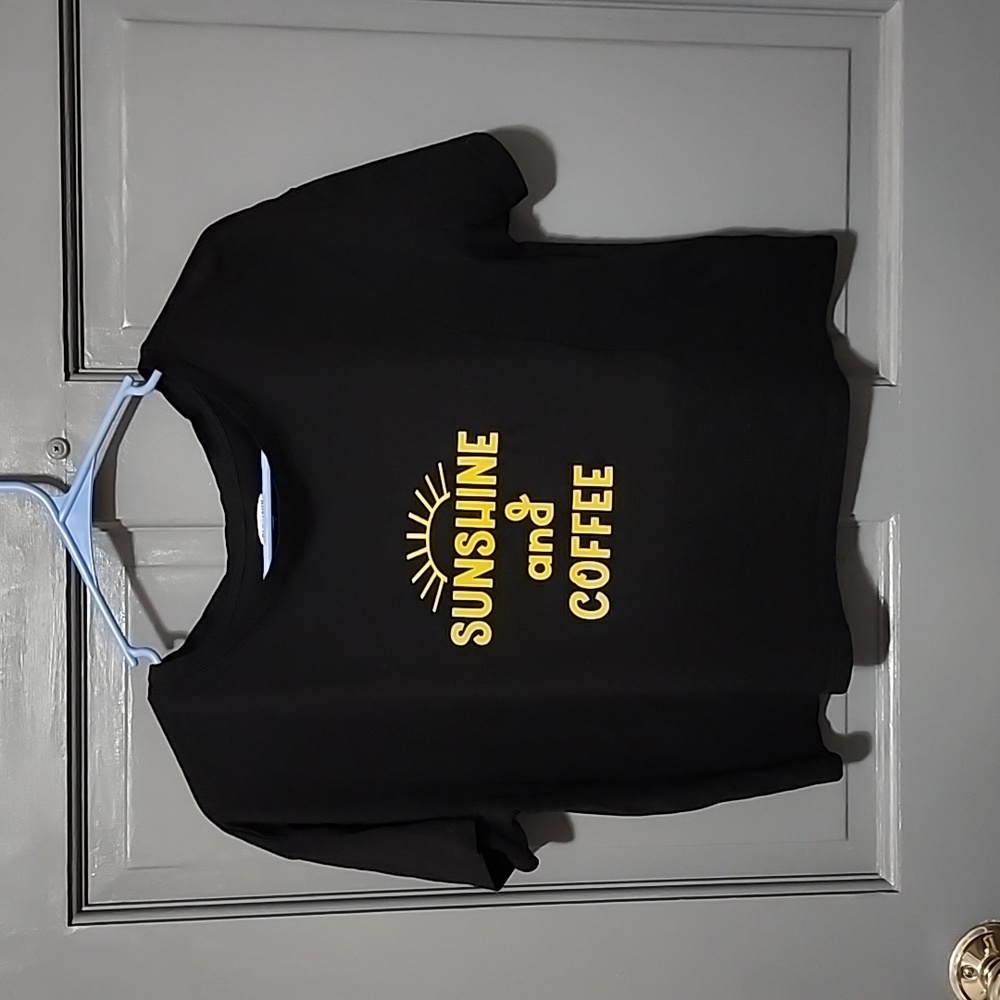 Old Navy Women's Black Crop Tee with Yellow 'Sunshine and Coffee' Print